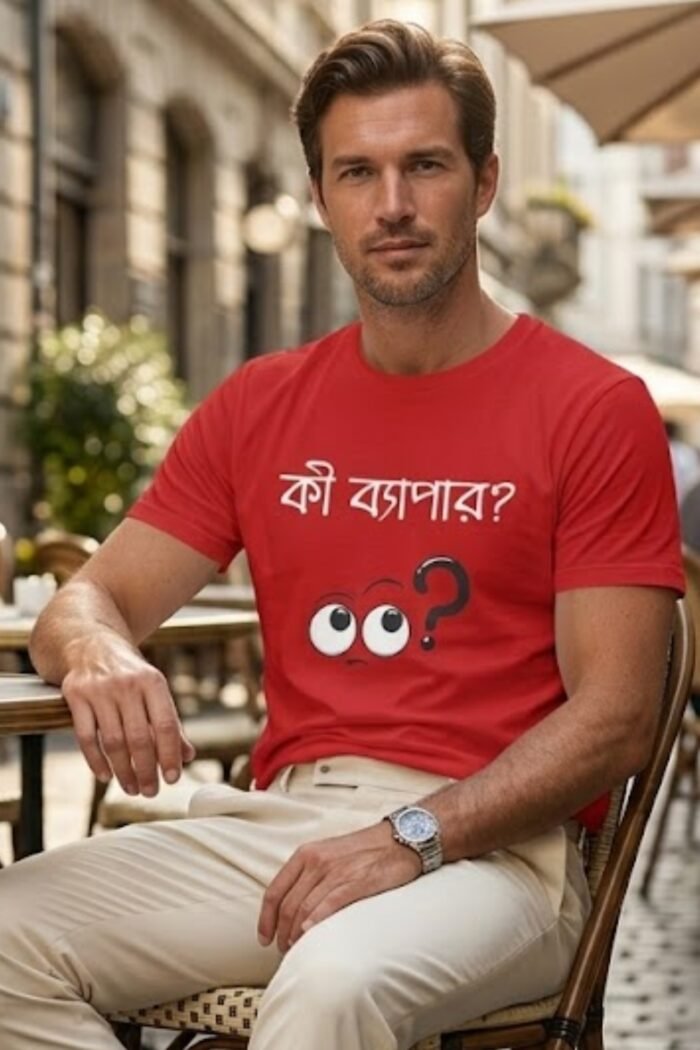 Man wearing red Ki Bapar Bengali graphic t-shirt by StiloTee