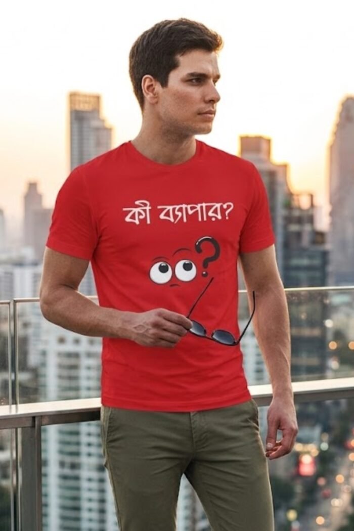 Model posing in red StiloTee Bengali quote t-shirt outdoors