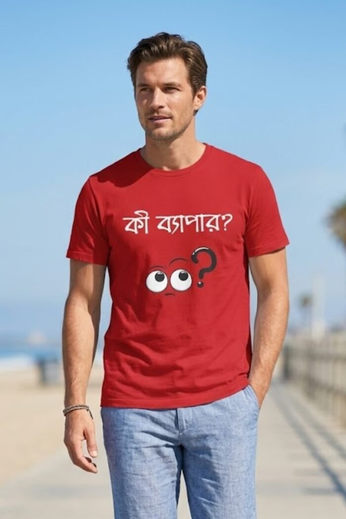 Red Ki Bapar Bengali text t-shirt on model StiloTee apparel
