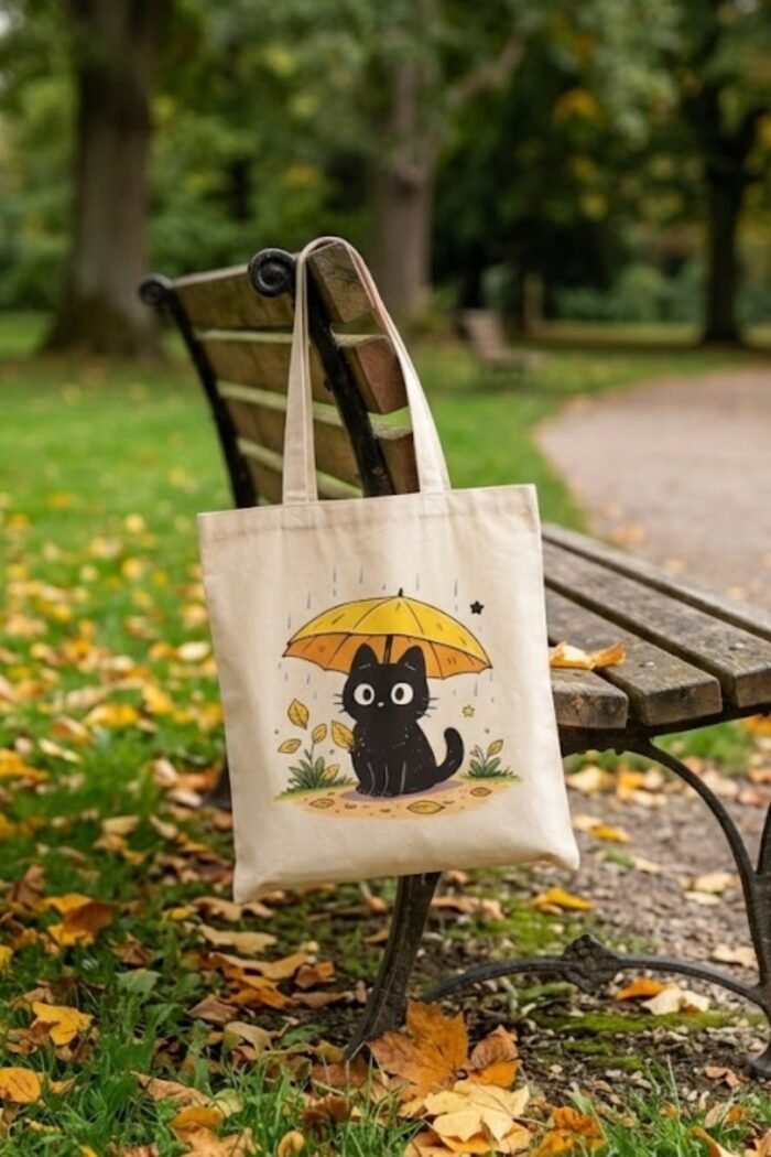Cute Black Cat Umbrella Canvas Tote Bag | Cozy Rain Aesthetic - Image 4