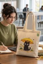 Cute Black Cat Umbrella Canvas Tote Bag | Cozy Rain Aesthetic - Image 3