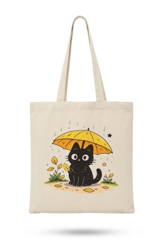Natural cream canvas tote bag with a black cat and sunflower umbrella graphic – cute accessory to pair with a Unique Bangla Tee