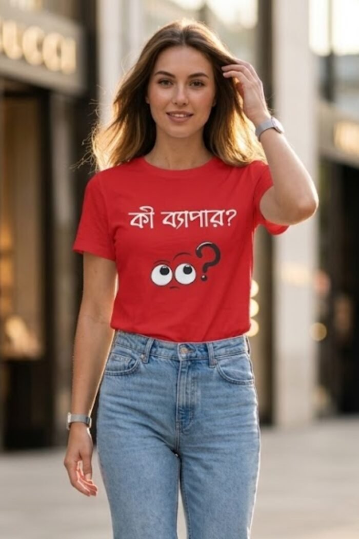 Female model wearing red StiloTee Ki Bapar Bengali quote t-shirt