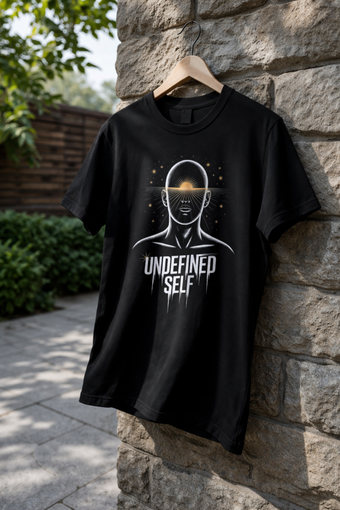 Product shot of Undefined Self black cotton t-shirt with astronaut helmet graphic – essential black t shirt mens outfit piece