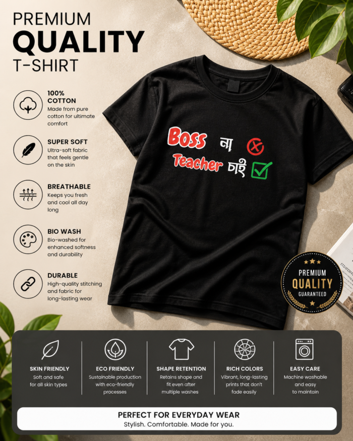 Boss Na Teacher Chai Black T-Shirt | 100% Cotton Bio Wash Bengali Tee - Image 5