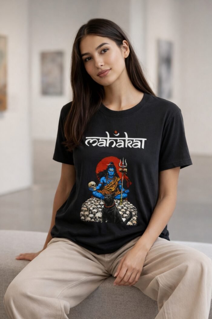 Woman sitting outdoors wearing a black cotton t-shirt featuring a blue Lord Shiva Mahakal graphic