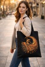 Lifestyle shot of a woman carrying a boho tribal dance graphic canvas tote bag – stylish everyday carry bag for women