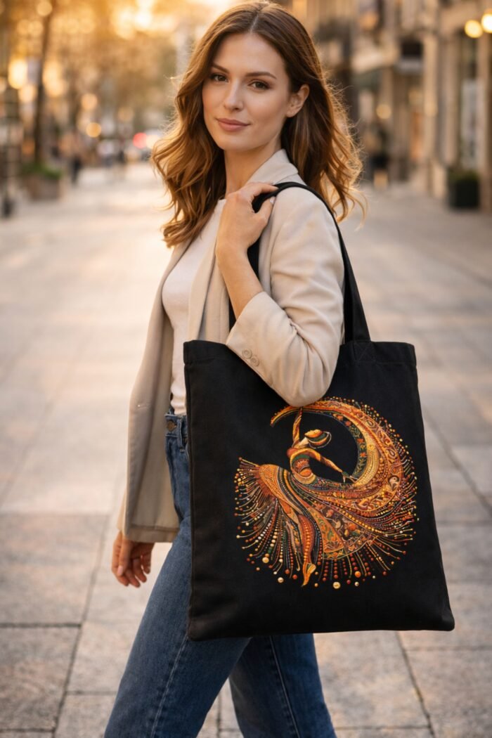 Lifestyle shot of a woman carrying a boho tribal dance graphic canvas tote bag – stylish everyday carry bag for women