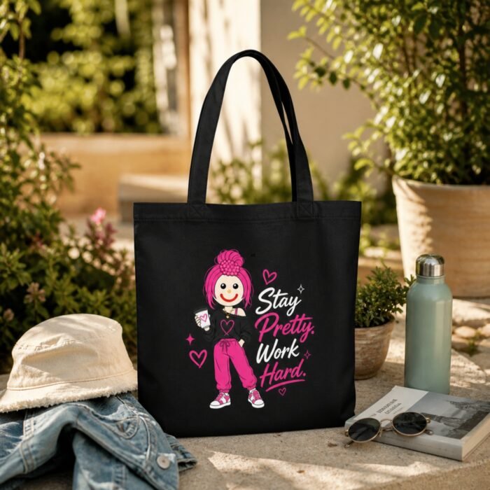 Boss Babe Pink & Black Canvas Tote | Cute Coffee Girl Reusable Shopping Bag - Image 2