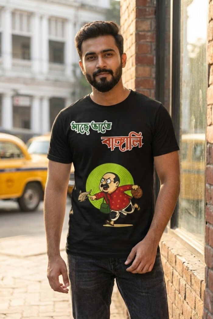 Mache Bhaate Bangali Black T-Shirt | 100% Cotton Bio Wash Bengali Tee - Image 2