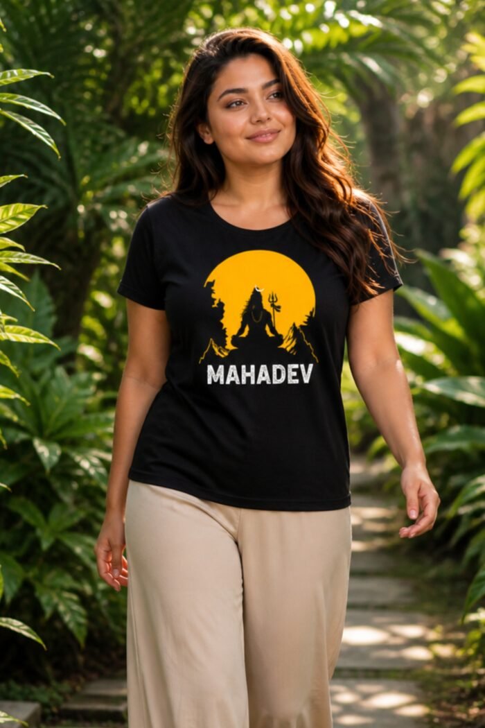 Main product photo for the Mahadev t-shirt. This pure cotton black tee showcases a bold orange and yellow Lord Shiva silhouette design, perfect for comfortable everyday wear and expressing devotion.