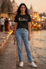 Lifestyle shot of a woman in a black Mahadev t-shirt – spiritual black t shirt mens outfit graphic tee