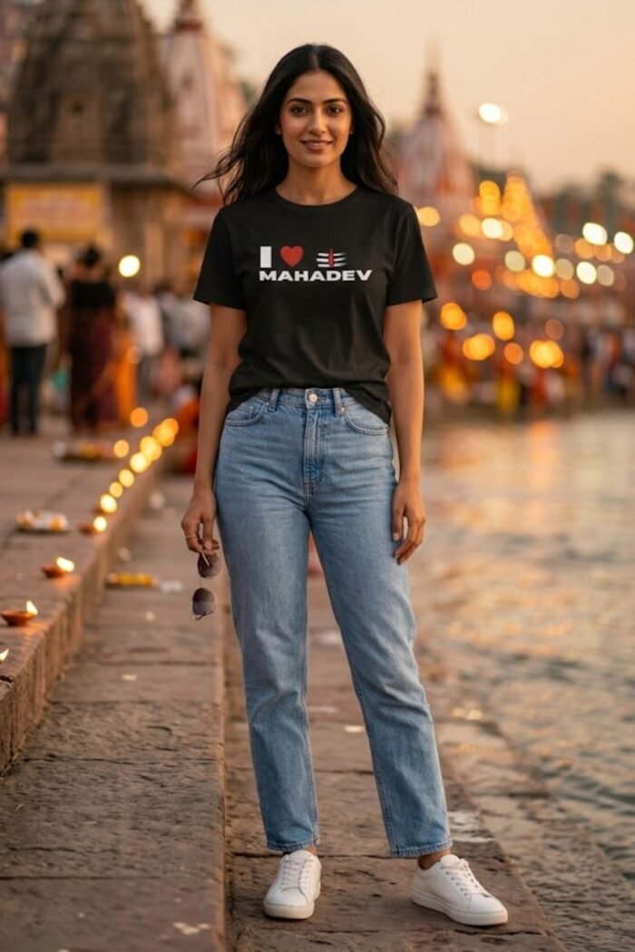 Lifestyle shot of a woman in a black Mahadev t-shirt – spiritual black t shirt mens outfit graphic tee