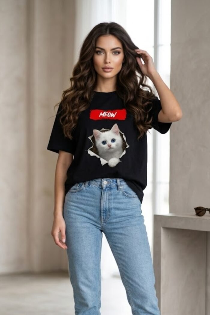 Lifestyle shot of a woman in a black Cool Cat graphic t-shirt – fun and stylish black t shirt mens outfit choice