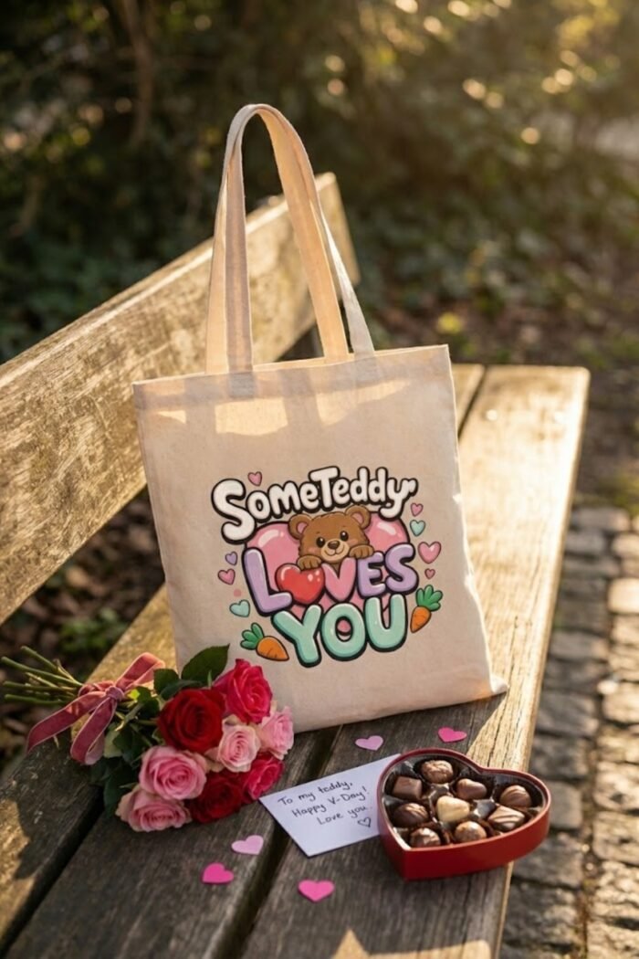 Aesthetic Teddy Bear Graphic Tote Bag | Beige Premium Cotton Reusable Bag - Image 4