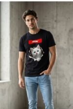Cute Cat Face Graphic Tee for Men & Women | Black Pure Cotton Casual T-Shirt - Image 2