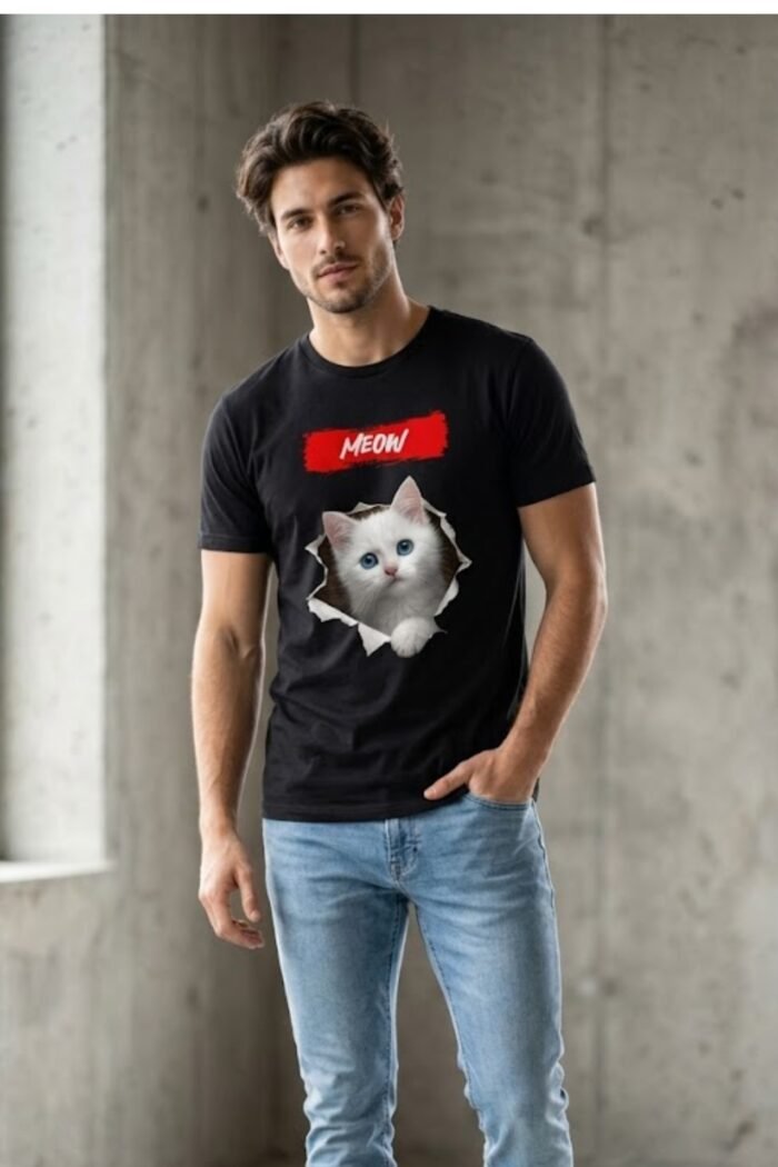 Cute Cat Face Graphic Tee for Men & Women | Black Pure Cotton Casual T-Shirt - Image 2