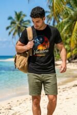 Lifestyle shot of a man wearing a black Vacation Loading t-shirt at the beach – travel-inspired black t shirt mens outfit