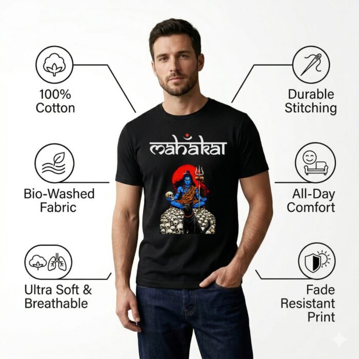 Lord Shiva Skull Throne Black Cotton Tee - Desi Aesthetic Top - Image 7