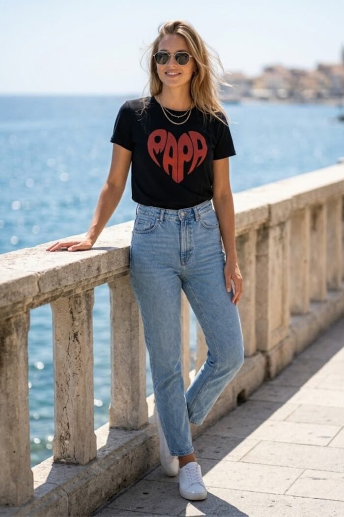 Woman standing outdoors by the coast wearing a black cotton t-shirt featuring the red typography graphic Papa