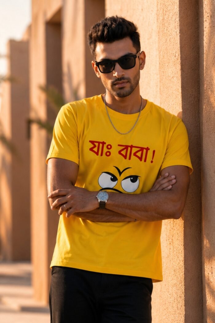 Humorous Bengali Typography Bright Yellow Graphic Tee - Image 7