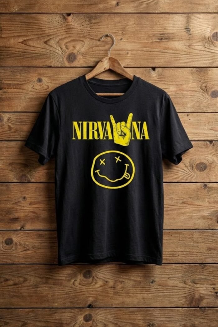 Black cotton t-shirt hanging on a wooden hanger featuring a vintage distressed Nirvana smiley face and rock hand graphic