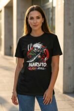 Woman standing outdoors wearing a black cotton t-shirt featuring a Naruto anime character graphic