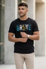 StiloTee Men's "Brave" Graphic T-Shirt – 100% Cotton Bio-Washed Fabric, Premium Black Round Neck Tee, Motivational Streetwear Short Sleeve Shirt - Image 2