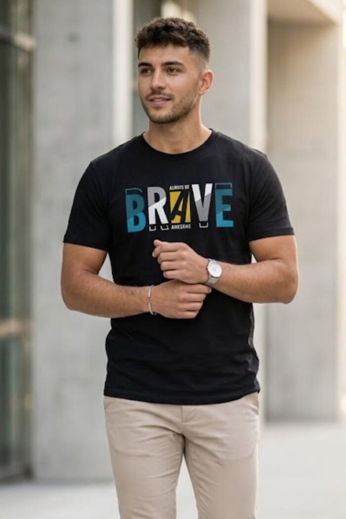 StiloTee Men's "Brave" Graphic T-Shirt – 100% Cotton Bio-Washed Fabric, Premium Black Round Neck Tee, Motivational Streetwear Short Sleeve Shirt - Image 2