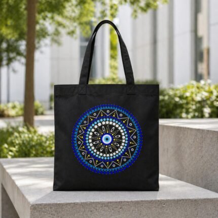 Black canvas tote bag with blue and white Boho Evil Eye mandala graphic – spiritual aesthetic shoulder bag