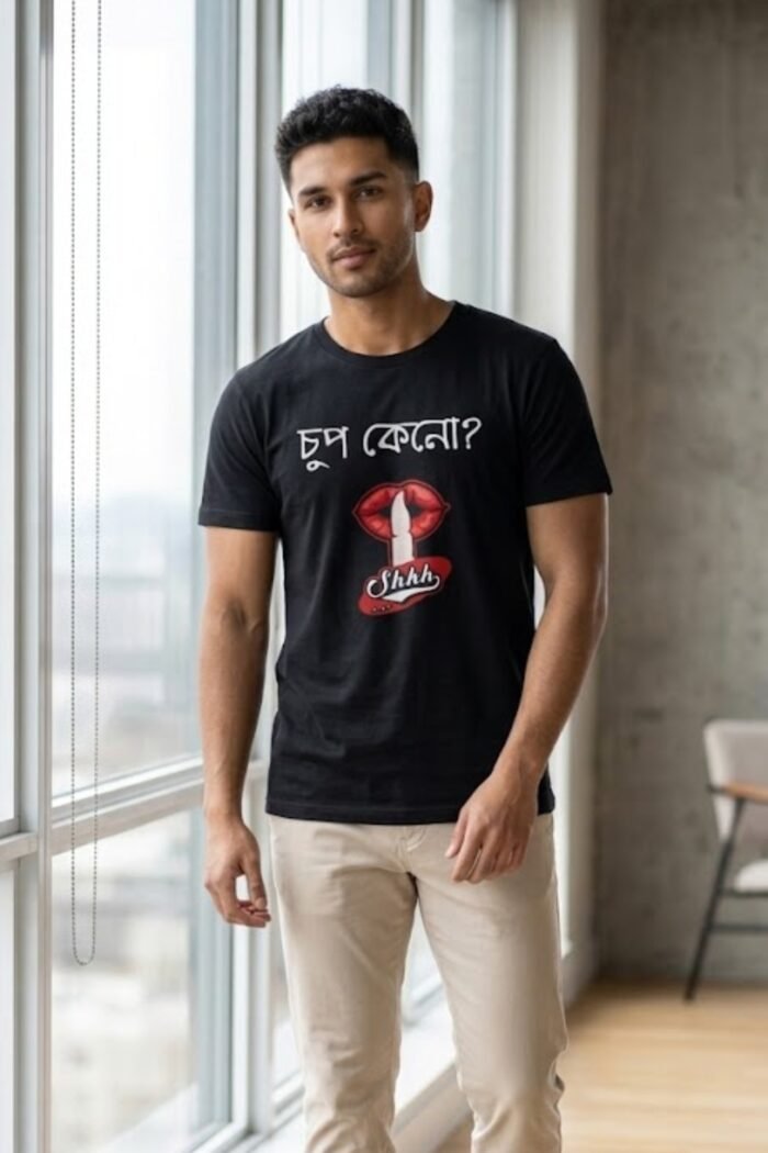 Chup Keno Black T-Shirt | 100% Cotton Bio Wash Bengali Tee - Image 5