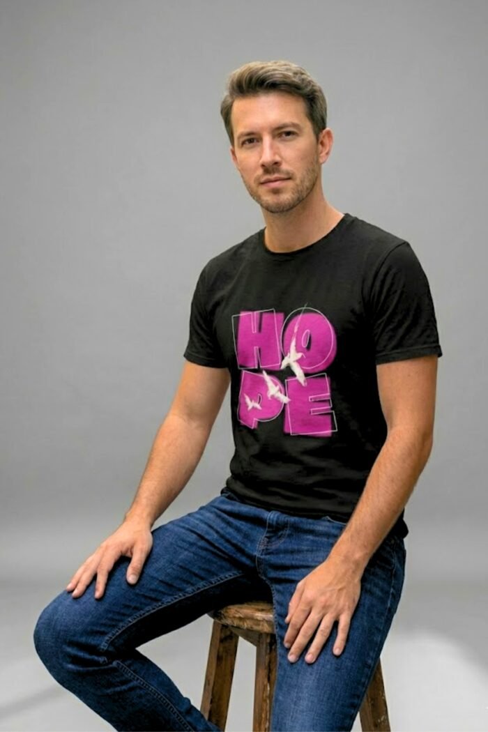 "HOPE" Black 100% Cotton T-Shirt | Pink & White Graphic with Birds | Motivational Tee - Image 3