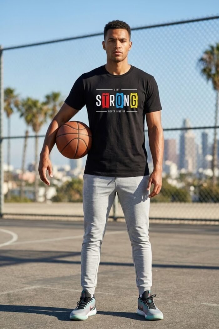 Man holding a basketball outdoors while wearing a black cotton t-shirt with the colorful motivational text Stay Strong