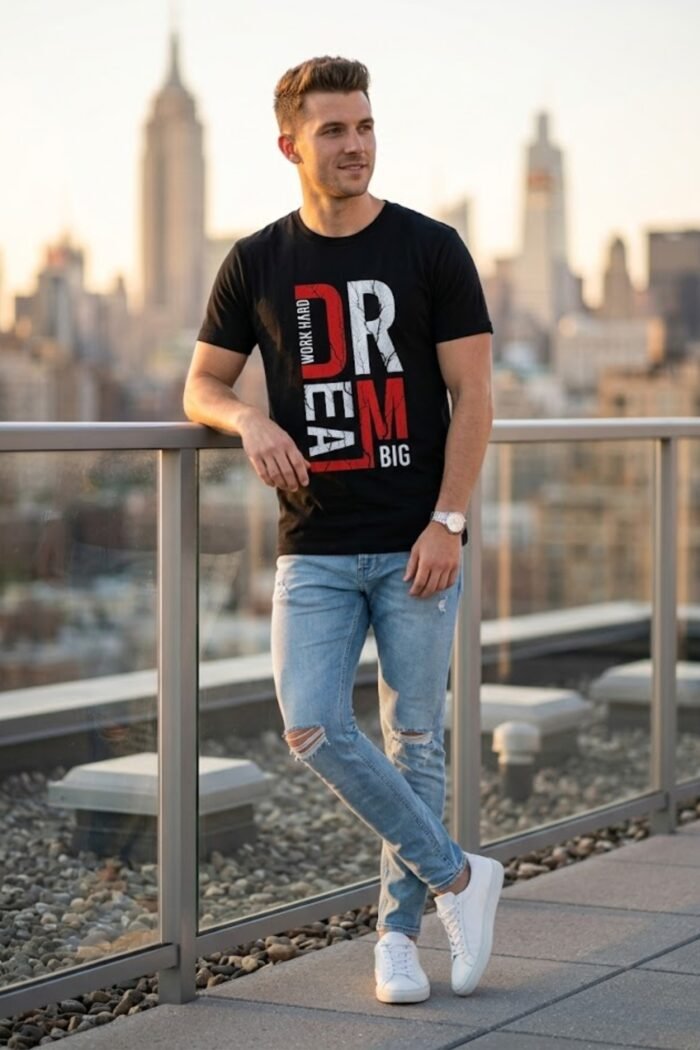 Men’s Dream Big Graphic Printed T-Shirt | 100% Cotton Bio Washed Casual Wear | Round Neck Half Sleeve Regular Fit Motivational Streetwear Tee - Image 2