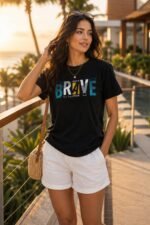 Lifestyle shot of a woman in a black Brave t-shirt – inspiring black t shirt mens outfit graphic apparel
