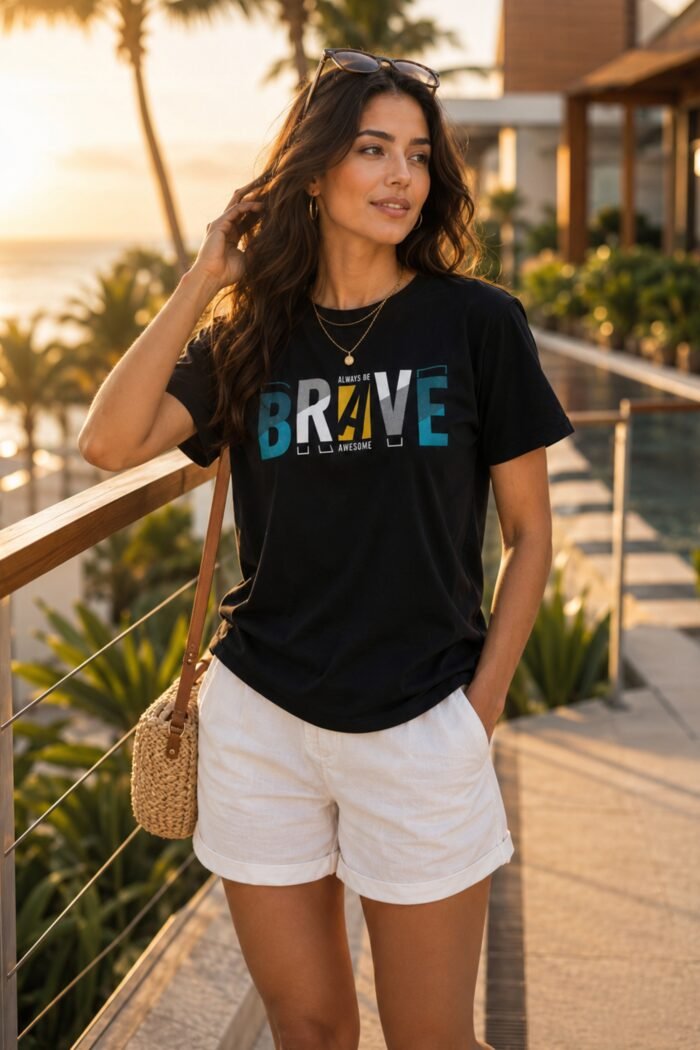 Lifestyle shot of a woman in a black Brave t-shirt – inspiring black t shirt mens outfit graphic apparel