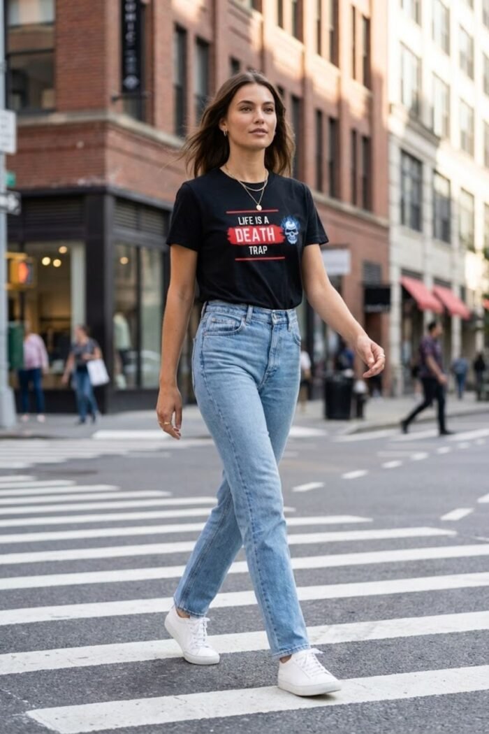 Woman walking across a city street wearing a black cotton t-shirt featuring the Final Destination inspired quote Life is a Death Trap