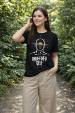 Female model wearing the Undefined Self black cotton t-shirt – futuristic black t shirt mens outfit lifestyle photography