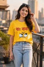 Lifestyle shot of a woman wearing a yellow Bangla graphic tee with the Jah Baba slogan – trendy and relatable Bengali streetwear