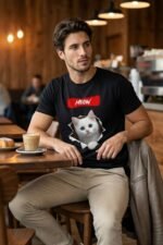 Cute Cat Face Graphic Tee for Men & Women | Black Pure Cotton Casual T-Shirt - Image 5
