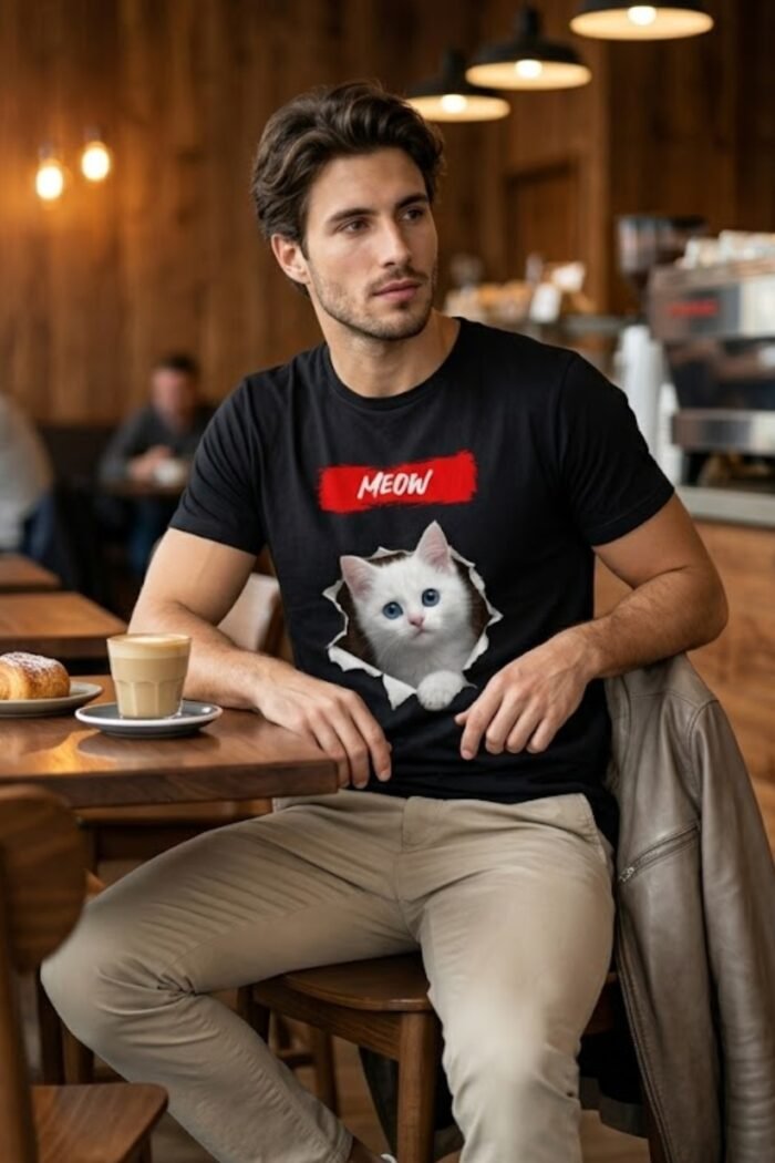 Cute Cat Face Graphic Tee for Men & Women | Black Pure Cotton Casual T-Shirt - Image 5