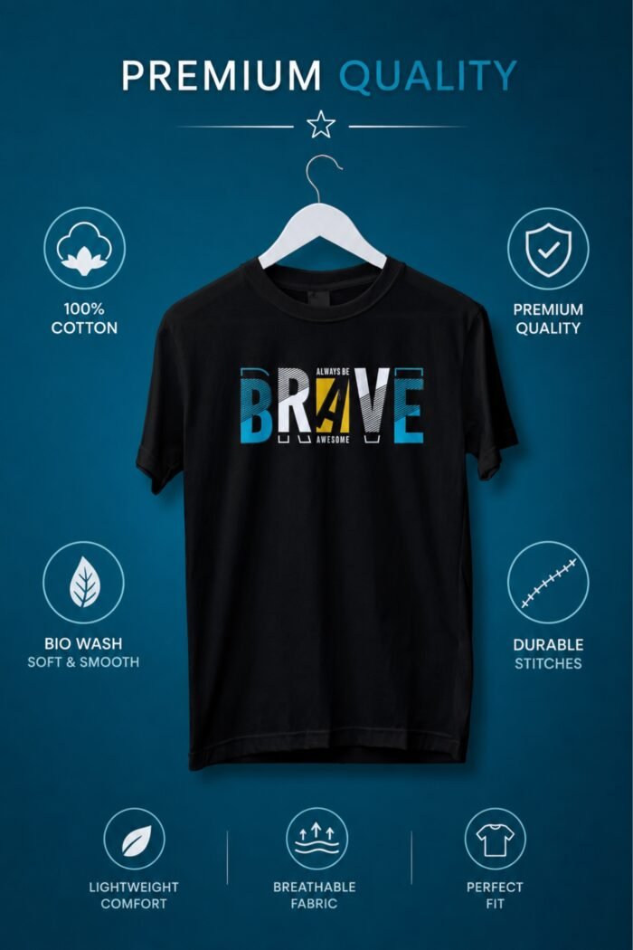 StiloTee Men's "Brave" Graphic T-Shirt – 100% Cotton Bio-Washed Fabric, Premium Black Round Neck Tee, Motivational Streetwear Short Sleeve Shirt - Image 4