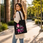 Lifestyle shot of a woman carrying a black aesthetic tote bag with the Stay Pretty Work Hard graphic – stylish motivational canvas bag