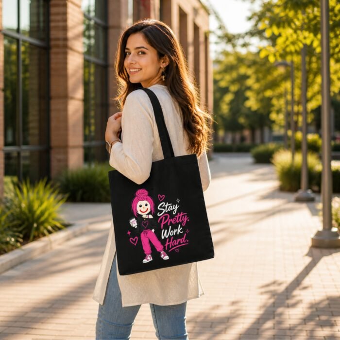 Lifestyle shot of a woman carrying a black aesthetic tote bag with the Stay Pretty Work Hard graphic – stylish motivational canvas bag