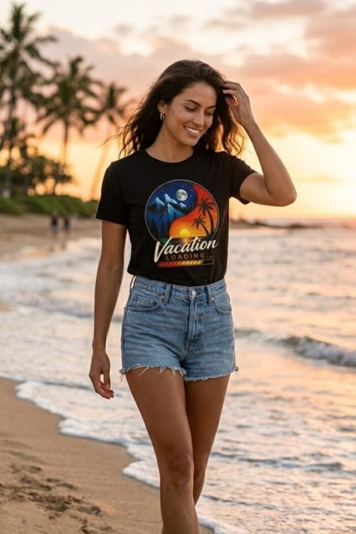 Woman wearing a black Vacation Loading t-shirt – travel-inspired black t shirt mens outfit lifestyle shot