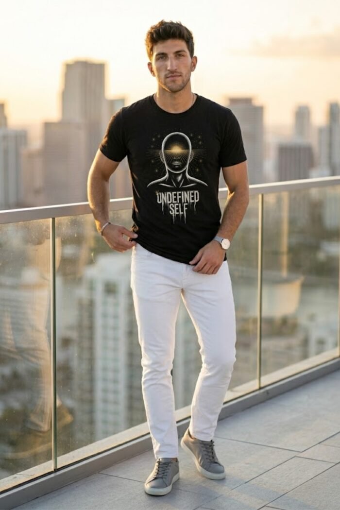 Abstract Spiritual Streetwear Tee - Sun Eye Human Silhouette Black Shirt - Image 2