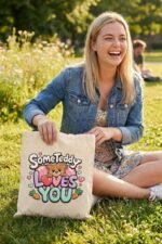 Lifestyle photo of a woman with a "SomeTeddy Loves You" canvas tote bag – cute gift to pair with a faith-inspired black t-shirt outfit