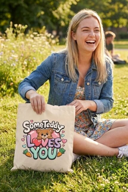 Lifestyle photo of a woman with a "SomeTeddy Loves You" canvas tote bag – cute gift to pair with a faith-inspired black t-shirt outfit