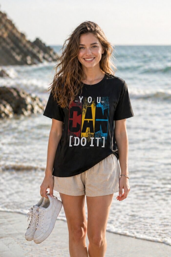 Main product photo for the You Can Do It positive affirmation t-shirt. This pure cotton black tee showcases a striking, colorful text design, perfect for daily motivation, goal-setters, and ambitious dreamers.