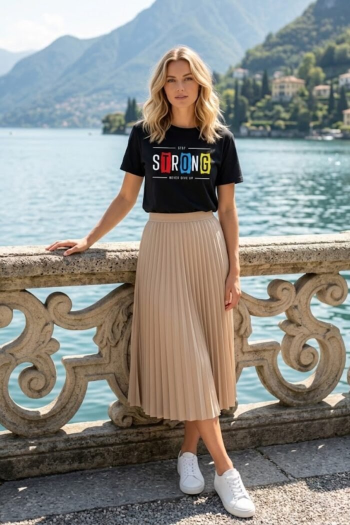 Main product photo for the Stay Strong t-shirt. This pure cotton black tee showcases a vibrant and uplifting typography design, perfect for daily motivation and inner strength.